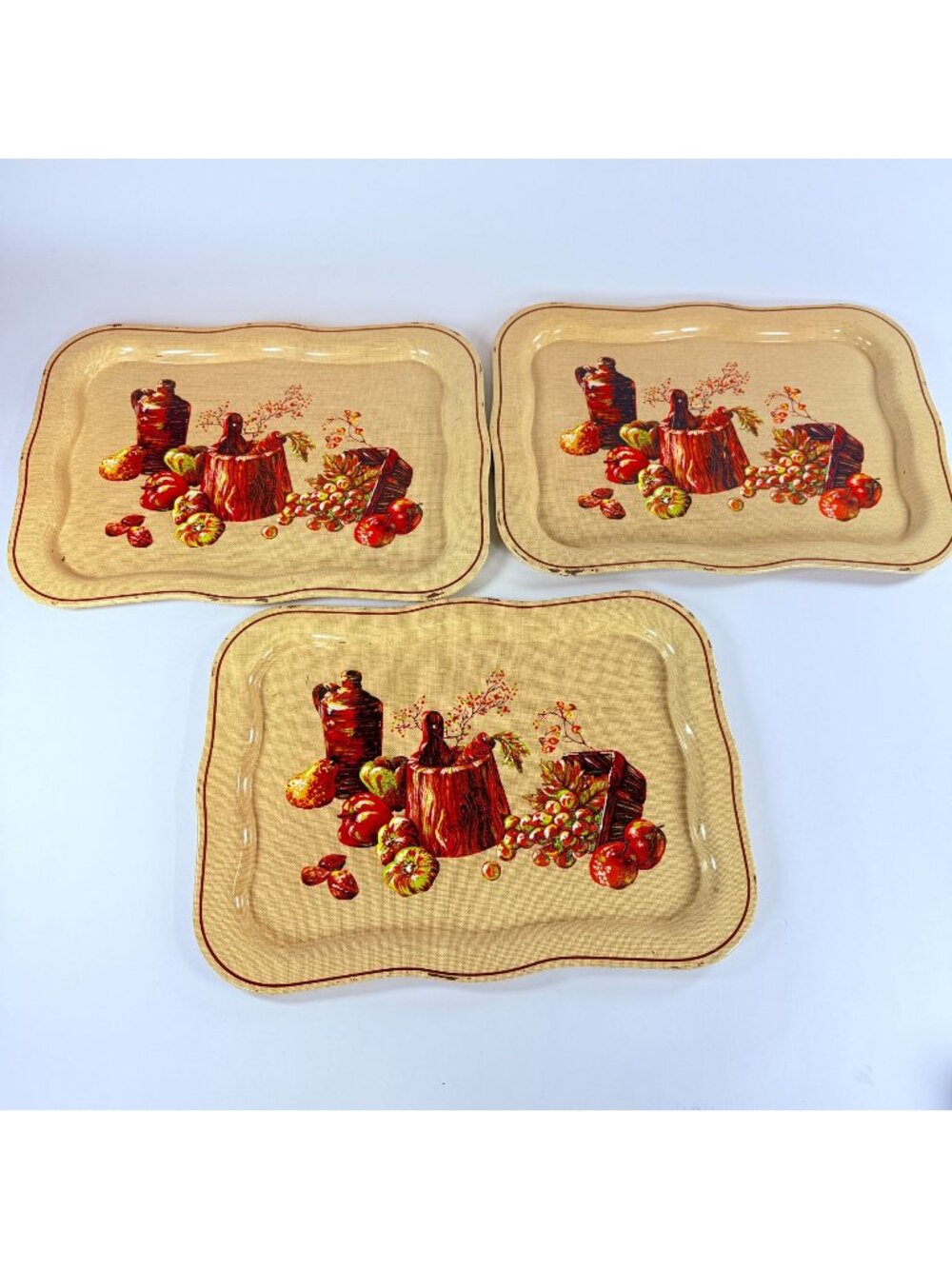 Vintage 3 Tin Serving Trays w/ Rustic Fruit Pitcher Design Beige Scalloped Edges